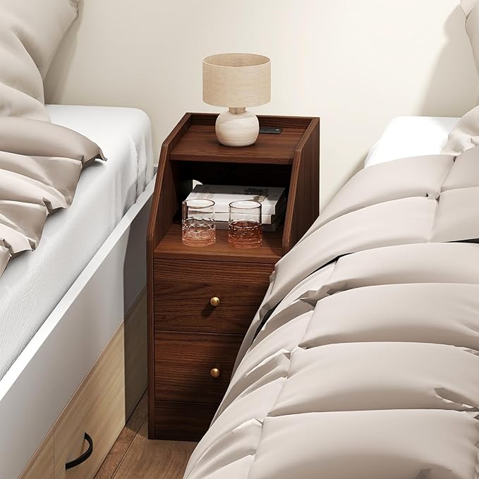 KOMFOTT Nightstand with Charging Station, End Table with 2 Storage Drawers, Sofa Beside Table with AC Outlets, USB and Type-C Ports, Modern Narrow Nightstand for Bedroom Small Space (Walnut,1)