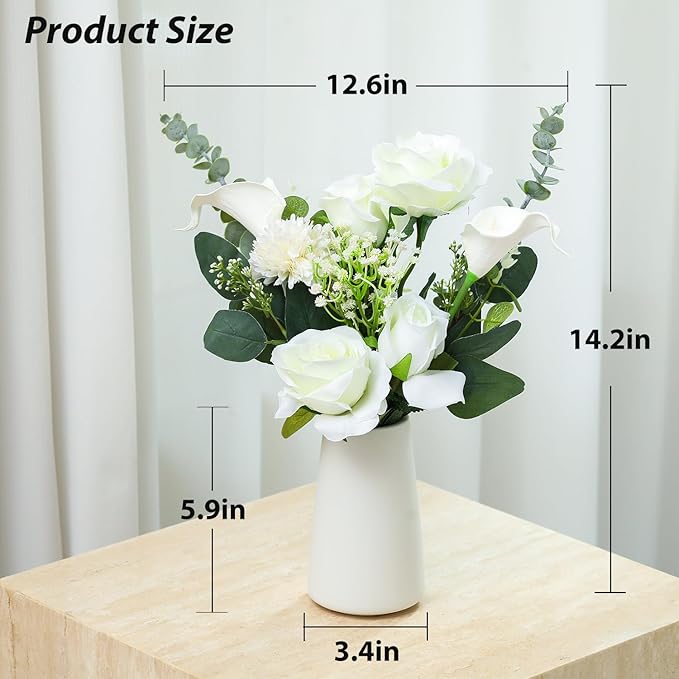 Fake Flowers with Ceramic Vase, Artificial Silk Roses in a Vase, Faux Flowers Plants Arrangements for Centerpiece Table Decorations, Living Room Bathroom Dining Table Home Décor(White)