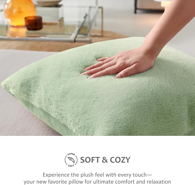 Pallene Faux Fur Plush Spring Throw Pillow Covers 24x24 Set of 2, Soft Fluffy Couch Pillow Covers for Living Room, Sage Green