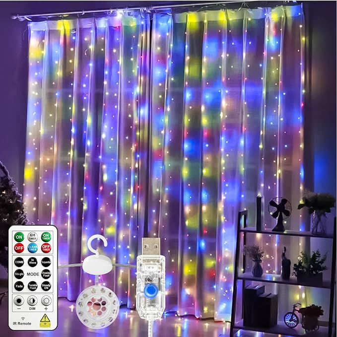 HXWEIYE 300LED Untangled Curtain Lights, 9.8x9.8Ft USB Fairy Twinkle String Lights with Remote and DIY Timer, 8 Modes Window Wall Hanging Light for Bedroom Dorm Backdrop Room Decor, Multicolor