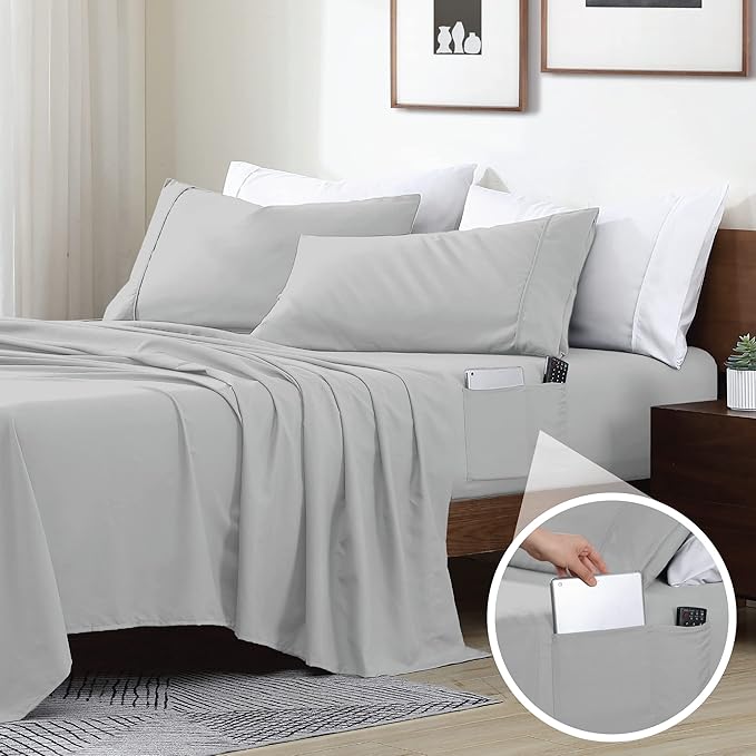 Swift Home Smart Sheets, Ultra Soft Brushed Microfiber 3-Piece Sheet Set, Fitted Bed Sheet with Side Storage Pockets – Silver, Twin XL