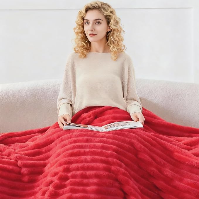 Nookly Red Fleece Throw Blanket for Couch, Soft Lightweight Ribbed Plush Blanket for Sofa and Bed, All-Season Cozy Striped Throw for Women Girl 50x60 Inches