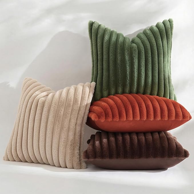 decorUhome Cozy Faux Fur Throw Pillow Covers 12x12 Set of 2 Decorative Soft Plush Striped Modern Farmhouse Boho Couch Pillow Cases with Velvet Back for Sofa Bed Living Room, Khaki Brown