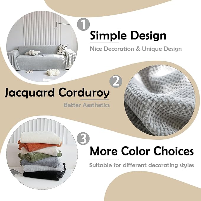 HANDONTIME Grey Modern Sofa Covers Corduroy Jacquard Couch Cover Blanket Gray Couch Cover for Kids Living Room Chenille Couch Covers for Sectional Sofa L Shape Soft Couch Covers for Sofa, 71" X134"
