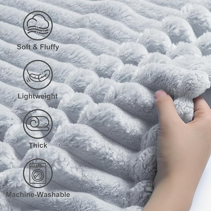 decorUhome Soft Fleece Light Grey Blanket King Size for Bed, Cozy Fluffy Plush Flannel Large Striped Throws for Couch Sofa, Lightweight Decorative Fuzzy Blanket for Woman, 108x90 Inches