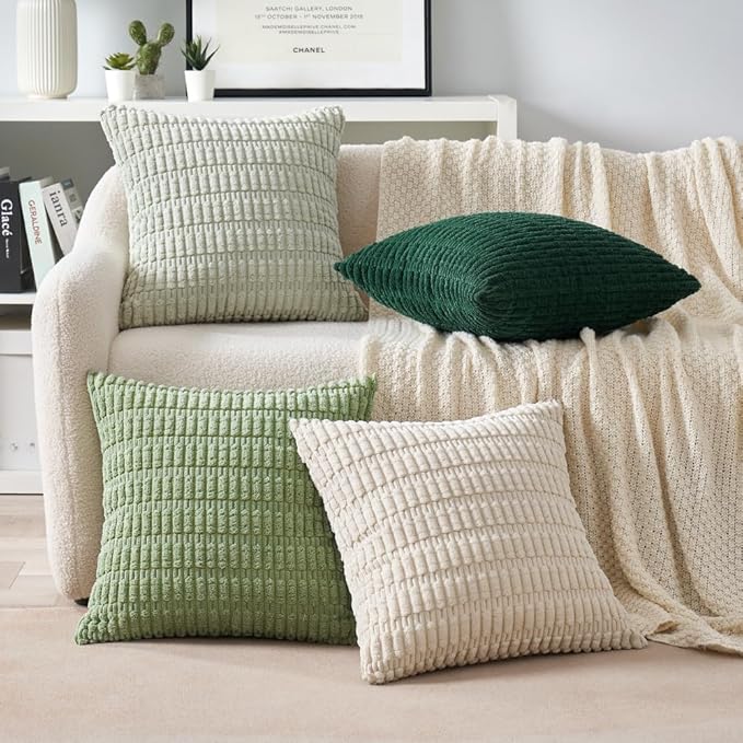 MIULEE Pack of 4 Summer Neutral Corduroy Decorative Throw Pillow Covers 18x18 Inch Farmhouse Boho Rustic Soft Striped Pillow Covers Home Decor for Sofa Living Room Couch Bed Green