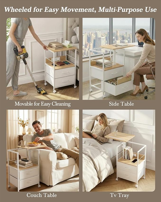 360° Swivel Nightstand with Height Adjustable, Lift Top Bedside Table with Charging Station, Rolling Night Stand with 2 Fabric Drawers, End Table with Wheels, for Bedroom, Living Room, Natural White