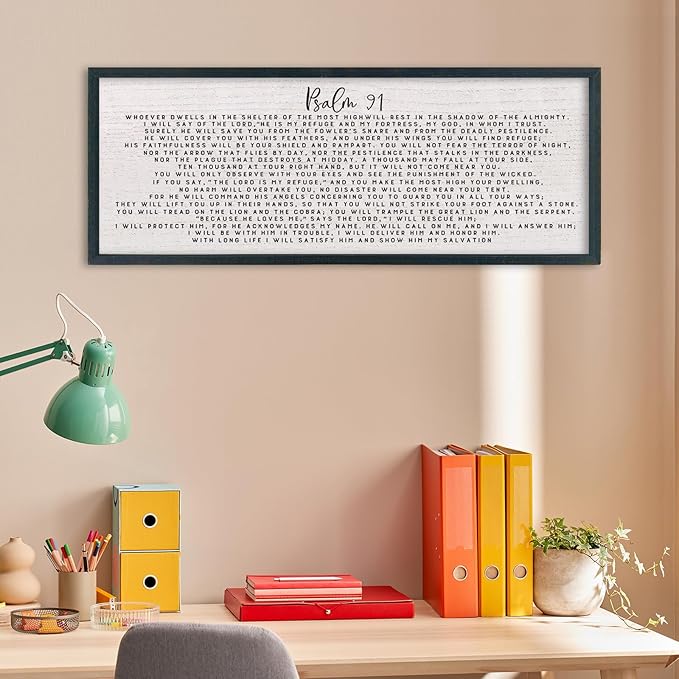 comurdyo Bible Verse Psalm 91 Wall Art Decor 32"X12" Christian Catholic Prayer Sign for Modern Simple Family Large Farmhouse Living Room Wood Framed Wall Horizontal Hanging Decor (Black)