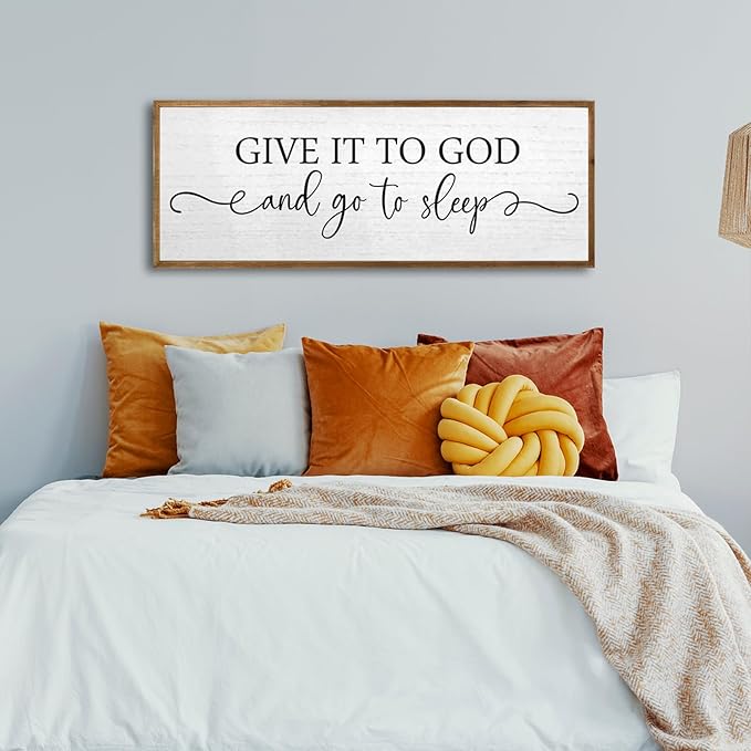 TQianJiang Christian Wall Decor Give It To God And Go To Sleep Sign Wall Decor 32"×12" Spiritual Quote Plaque for Master Bedroom Above Over Bed Rustic Religious Home Wood Framed Hanging Art (Wood)