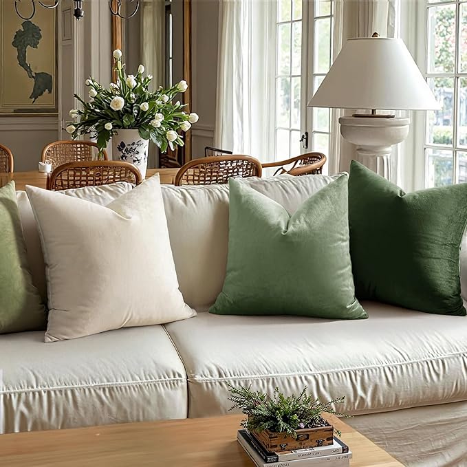 MIULEE Velvet Throw Pillow Covers 16x16 Inch, Pack of 2 - Moss Green, Soft Solid Decorative Pillow Covers Cushion Cases Modern Luxury Home Decor for Spring Couch Sofa Bedroom Livingroom