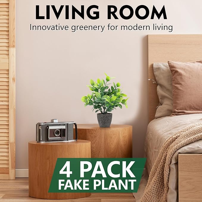 4 Pack Fake Plants Ceramic Mini Artificial Greenery Potted Plants for Home, Office, Room, Farmhouse, Indoor Table, Bathroom Decor