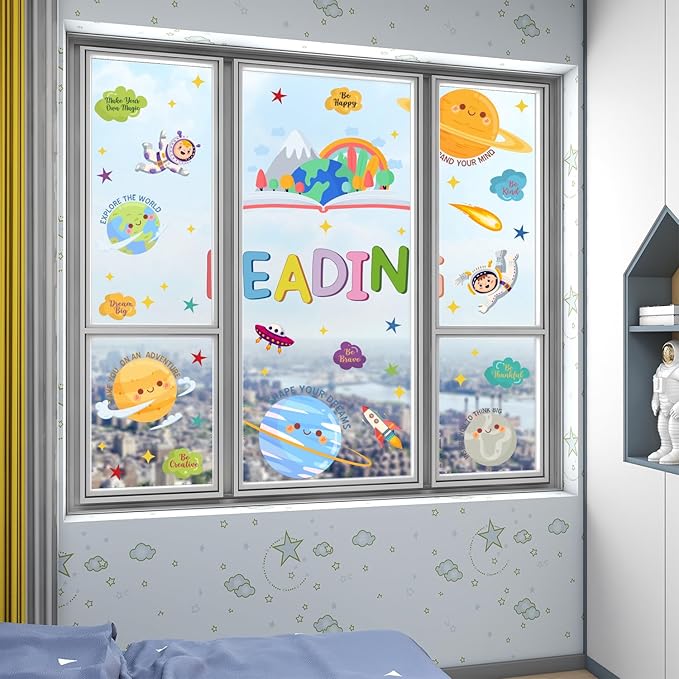 HLNIUC Reading Wall Decor 61pcs Inspirational Wall Decal Cartoon Universe Themed Motivational Art Sticker Colourful Positive Saying Peel and Stick Sticker Decoration for Kid Classroom Reading Corner
