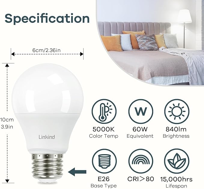 Linkind A19 LED Light Bulb, 60W Equivalent Light Bulbs, 8.5W 5000K Daylight, 840 Lumens Non-Dimmable LED Bulb, E26 Standard Base, Energy Efficient, 12-Pack