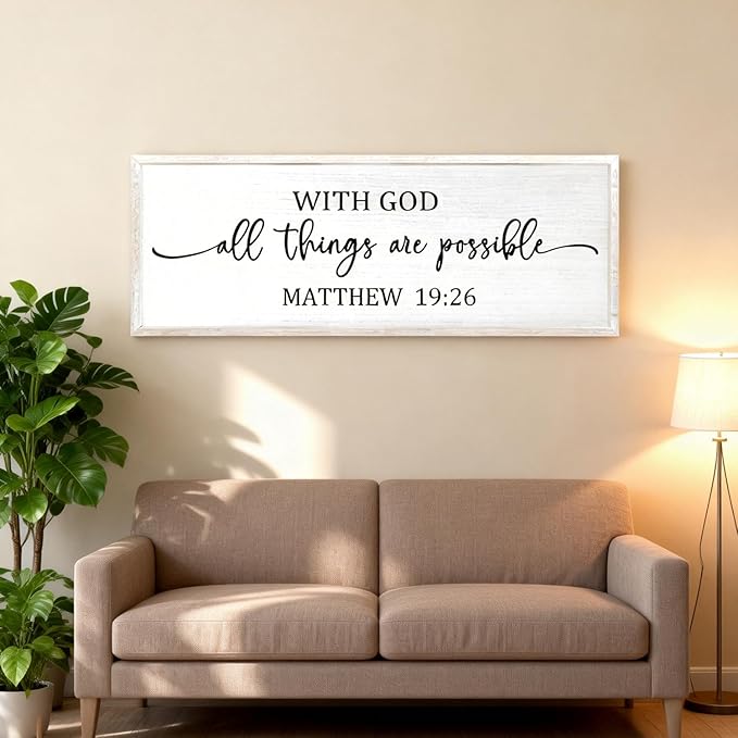 With God All Things are Possible Framed Wall Art, 40''×15'' Vintage Holy Religious Rustic Bible Verse for Christian God Jesus Christ Prayer, Positive Horizontal Inspirational Catholic Scripture Decor