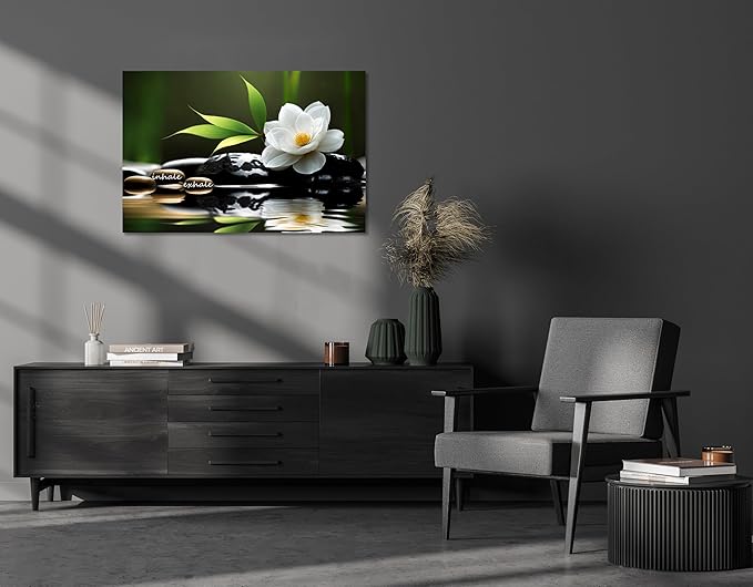 YIOZHAOFH Lotus Flower Wall Art Zen Canvas Inhale Exhale Poster Black Spas Nature Prints Pictures for Meditation Wall Decor Framed Artwork Ready to Hang (20.00" x 30.00")