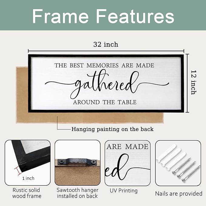 Foutcheou The Best Memories are Made Gathered Around The Table Wall Decor, 32''×12'' Framed Wood Farmhouse Kitchen Sign, Large Horizontal Dining Room Wall Art for Home Family, Black
