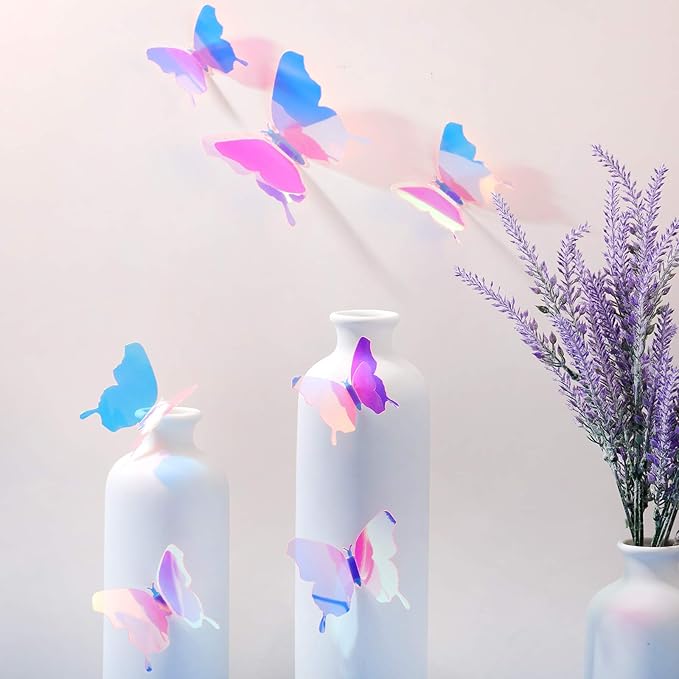 BBTO 48 Pieces Butterfly Wall Decor DIY 3D Mirror Butterfly Stickers Removable Decals Crafts for Birthday Party Bedroom School Bathroom Living Room Decor(Transparency Colorful Pink)