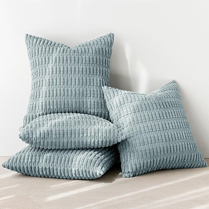 MIULEE Pack of 4 Smoke Blue Corduroy Decorative Throw Pillow Covers 18x18 Inch Soft Boho Striped Pillow Covers Modern Farmhouse Home Decor for Sofa Living Room Couch Bed