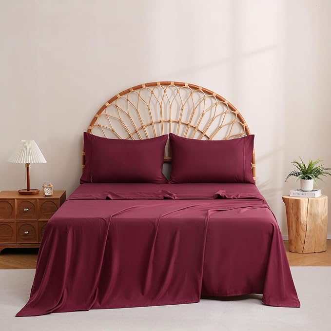 JSD Burgundy Twin Sheet Set with Side Pocket Corner Straps, 3 Piece Soft Kids Microfiber Bed Sheets Extra Deep Pocket