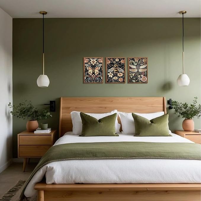 Retro Insect Wall Art Set of 3, Butterfly Bee Dragonfly Gothic Botanical Prints, Rustic Nature Animal Canvas Wall Decor for Living Room Bedroom Office Farmhouse Home Decor 12x16In Wood Framed