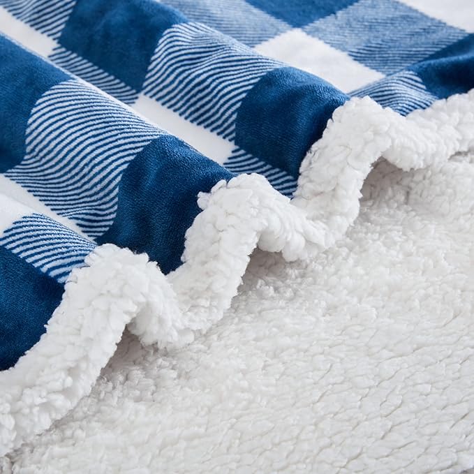 Touchat Sherpa Plaid Twin Blanket 60" X 70", Fuzzy Fluffy Soft Cozy Throw Blanket, Twin Size Plush Fleece Flannel Plush Microfiber Blanket for Couch Bed Sofa (Navy)