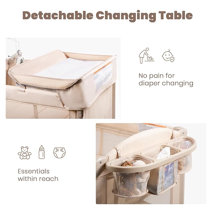 Baby Bassinets Bedside Sleeper, 4 in 1 Portable Bedside Crib w/Mattress, Diaper Changer, Storage Basket, Music Box, Carry Bag, Foldable Playard Sleeper for Newborn (Beige)