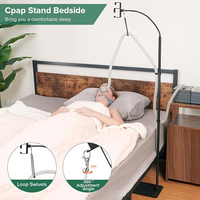 CPAP Hose Holder for Bedside -All-Metal Stand with Aluminum Hook |NoWall Drilling | Fits ResMed/Philips/AirSense Tubing | Helps Keep Hose Clean &Tangle-Free