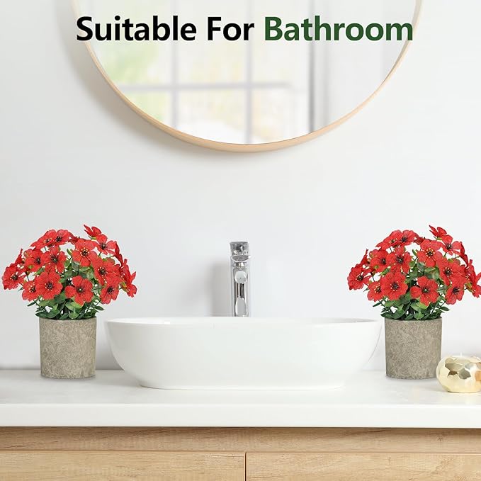 2 Pack Small Fake Plants Potted Artificial Plants Artificial Flowers Potted Faux Flower Daisy with Eucalyptus Leaves for Home Decor Office Room Farmhouse Indoor Table Bathroom Decor（Red）
