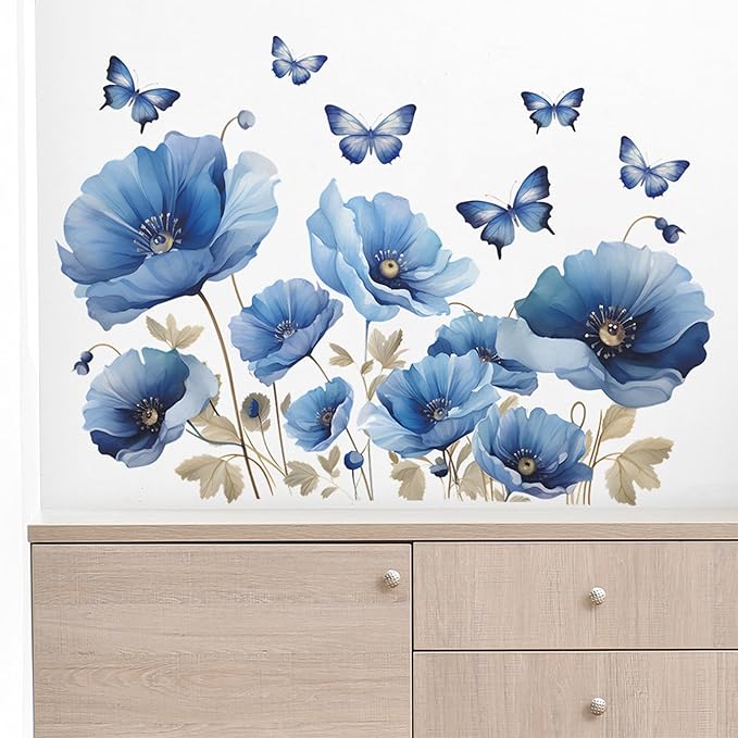 TUOKING Blue Flowers Wall Stickers Removable Butterfly Wall Murals Peel and Stick Wall Art Decal Home Decor for Kitchen,Bedroom,Living Room(fun-c13)