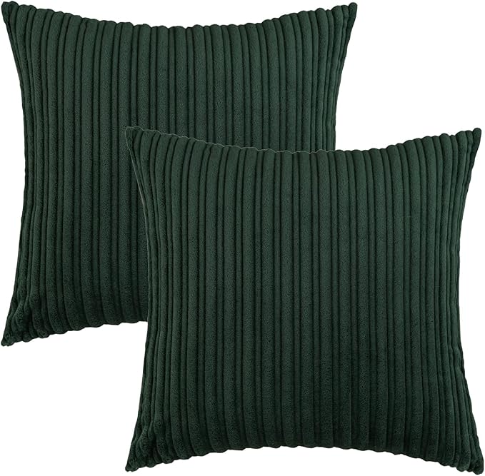 UGASA Velvet 20x20 Inch Soft Throw Pillow Covers Decorative Striped Corduroy Both Sides Solid Square Cushion Cases Boho Farmhouse for Couch Bedroom Sofa Home, Pack of 2, Dark Green