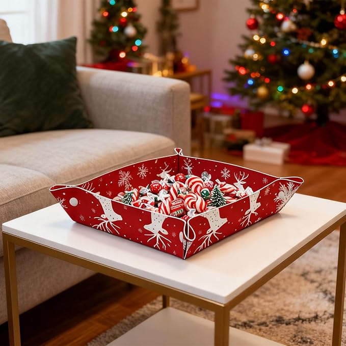 Tray Leather Valet Tray Deer Snowflakes Catchall Trays Key Organizer Night Stand Organizer Bedside Vanity Trays Decor for Entryway Table
