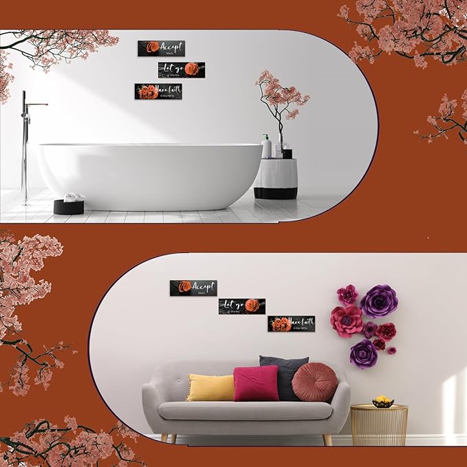 3 Pcs Orange Bathroom Decor Inspirational Orange Wall Decor Wooden Orange Rose Farmhouse Wall Art With Accept Let Go Have Faith Quotes For Girl Women Bedroom Office Living Room(yellow 12 X 4 Inch)
