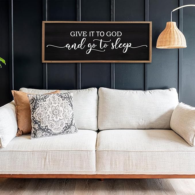 Give It To God And Go To Sleep Sign Wall Decor 40"X15" Master Bedroom Above Bed Large Farmhouse Wall Decor Wood Rustic Framed Over Bed Wall Art Hanging Decoration(Wood Black)