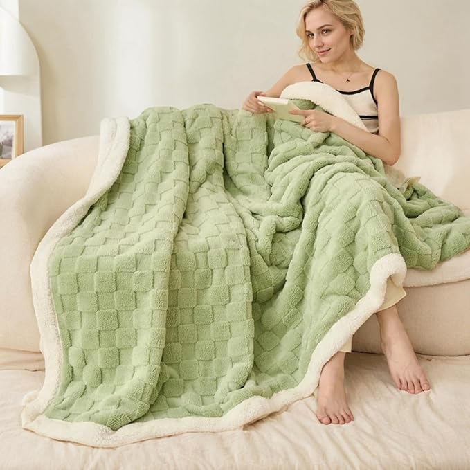 Sherpa Throw Blanket for Couch, Flannel Cozy Soft Thick Blanket for Bed - Fleece, Sage Green, 60x80 Inches