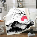 Erosebridal Mount Fuji Blanket Throw, Mountain Cherry Branches Red Sun Ink Painting Japanese Style Ukiyo-E Theme Sherpa Blanket for Sofa Lightweight, Twin 60"x80", Black White Grey