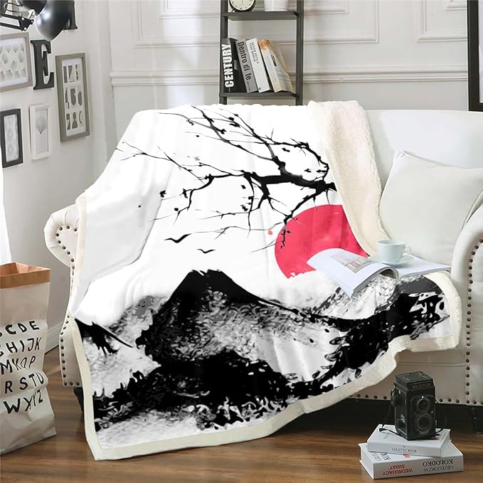 Erosebridal Mount Fuji Blanket Throw, Mountain Cherry Branches Red Sun Ink Painting Japanese Style Ukiyo-E Theme Sherpa Blanket for Sofa Lightweight, Baby 30"x40", Black White Grey