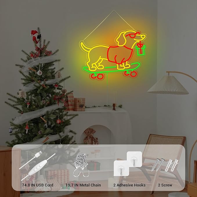 Christmas Led Sign, Gift for Dachshund Women, Dimmable Dog Lover Gift for Christmas Decorations USB Powered 16.6x13.4in