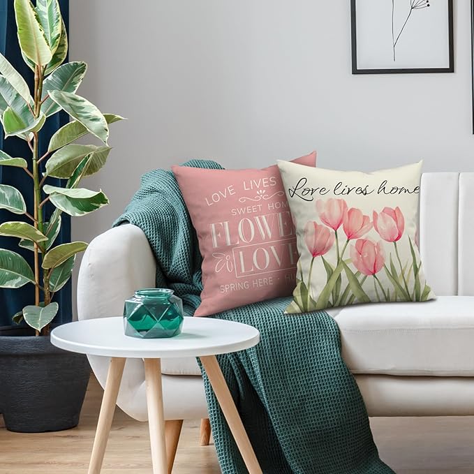 Pillow Covers 16x16 Inch Set of 4 Tulip Home Sweet Home Pink Throw Pillows Decorative Pillow Cases Hello Summer Spring Seasonal Farmhouse Decorations for Sofa Couch