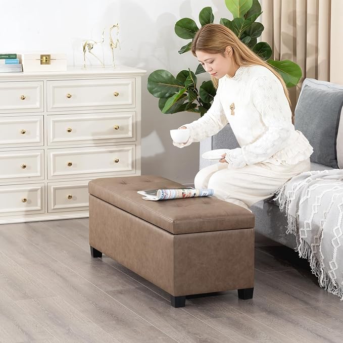 Homebeez 42" Faux Leather Storage Ottoman,End of Bed Bench,Upholstered Ottoman Bench with Storage for Living Room,Bedroom,Entryway