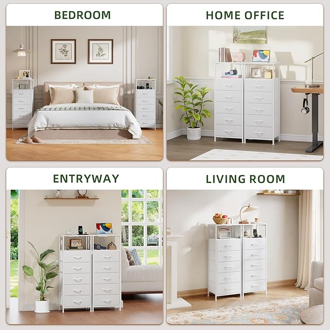 Somdot White Nightstand with Charging Station and LED Light for Bedroom, Tall 5 Drawers Dresser with Fabric Bins for Bedside Kids Dorm Room Closet Laundry Entryway, White Leather