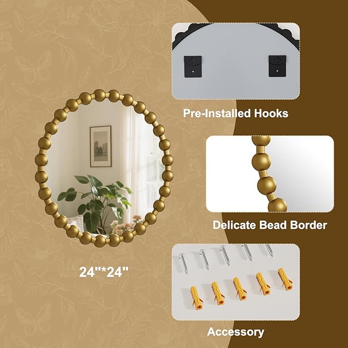 Round Mirror for Wall, 24 Inch Gold Beaded Frame Decorative Vanity Mirror, Circle Bathroom Mirror with High-Definition Lense, Modern Wall Decor for Bathroom, Living Room, Bedroom, Entryway