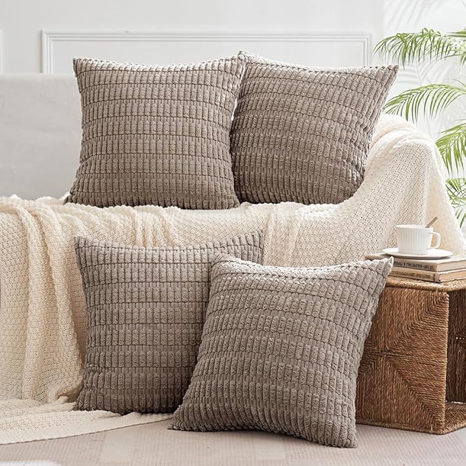 MIULEE Pack of 4 Light Brown Corduroy Decorative Throw Pillow Covers 20x20 Inch Soft Boho Striped Pillow Covers Modern Farmhouse Home Decor for Sofa Living Room Couch Bed