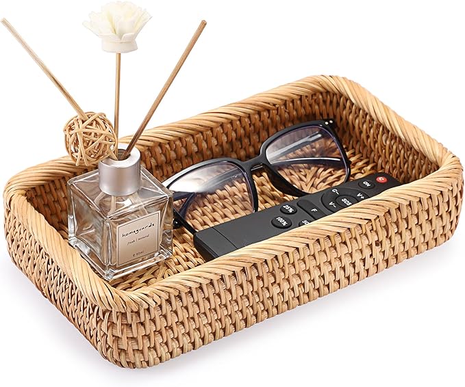 BTSKY Small Remote Basket for Coffee Table Entryway Living Room Rattan Serving Tray 10.1” x 6.1” Handwoven Wicker Baskets Decorative Tray for Wallet Remote Control Trinkets Rings Cosmetics Crackers