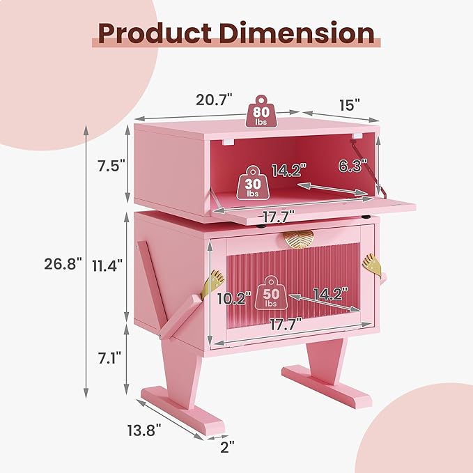 RoyalCraft Nightstand with LED Light Strips, Pink End Table with 360° Rotating Drawer, Modern Bedside Table with Glass Door Storage, Wood Night Stand Cabinet for Bedroom, Home Office, Pink