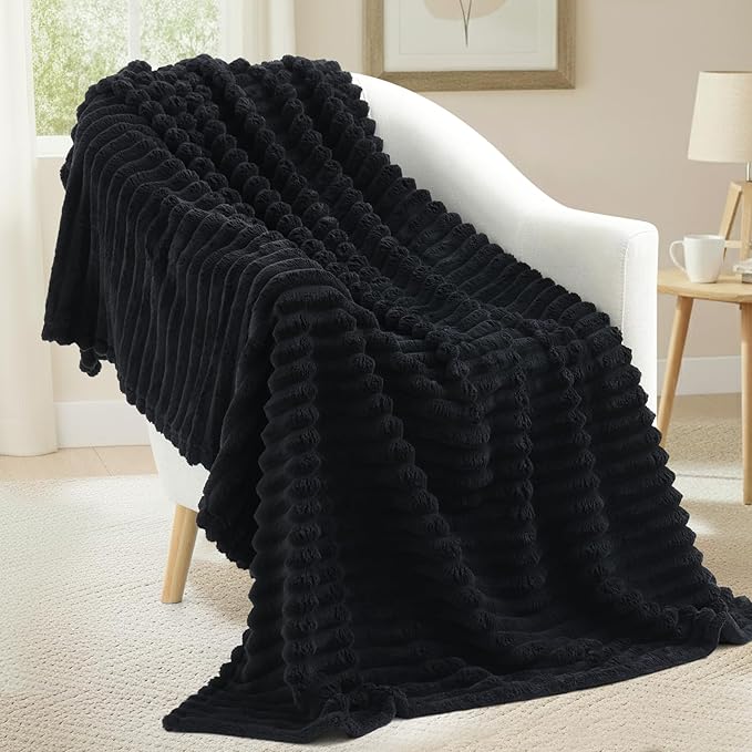 decorUhome Soft Fleece Black Blanket King Size for Bed, Cozy Fluffy Plush Flannel Large Striped Throws for Couch Sofa, Lightweight Decorative Fuzzy Blanket for Woman, 108x90 Inches