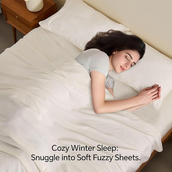 BEDELITE Flannel Sheets King Size White - Super Soft Fleece Sheets Set Fluffy Extra Plush, 4 Piece(Include Fitted Sheet, Flat Sheet, 2 Pillowcases)