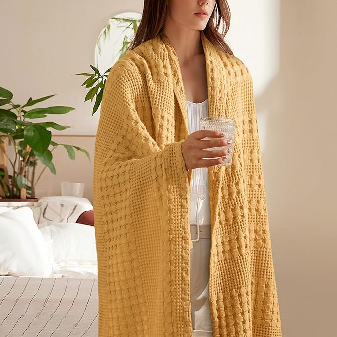 PHF 100% Cotton Waffle Weave Throw Blanket, Soft Lightweight Breathable Cozy Throws for Couch Bed Sofa, Luxury Aesthetic Blanket Gift for Home Decor & Office, 50"x60", Pumpkin Orange