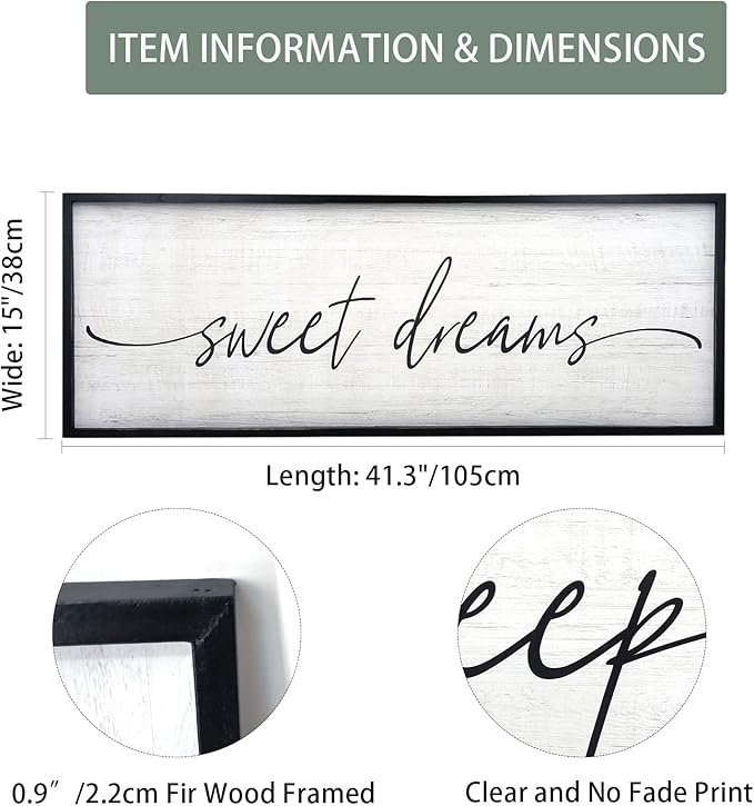 Sweet Dreams Wall Decor Above Bed Large 41''×15'' Farmhouse Wall Decor for Bedroom Guest Room Decor Framed Wood Wall Art Rustic Master Bedroom Wall Decoration 01 (black frame)