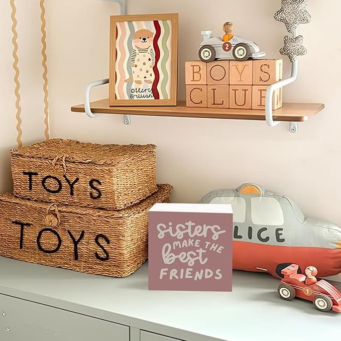 Lacama Pink Girl Nursery Decor Wooden Box Sign, Sisters Make the Best Friends Decorations Wood Block Signs, Retro Pink Wood Sign for Toddler Girls Room Playroom Desk Shelf Wall Decor 5x5 Inches
