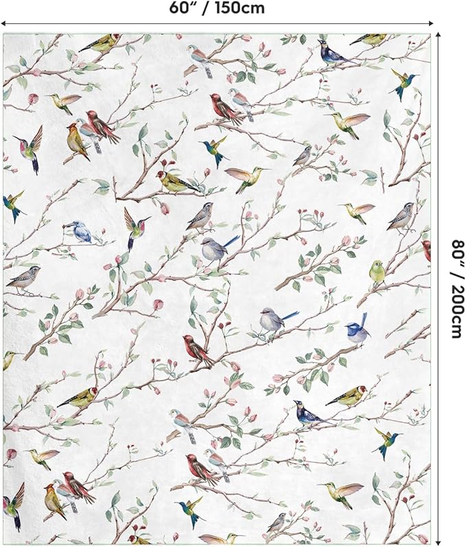 Horaldaily Spring Summer Flannel Blanket Throw, Birds Branch White Floral Soft Fuzzy Plush Cozy Fleece Blankets for Couch Sofa Bed Lounging, Ideal Gifts for Kids Adults Self, 60x80